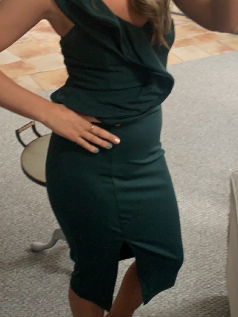 Wish One-Shoulder Dark Green Ruffle Sheath Dress
